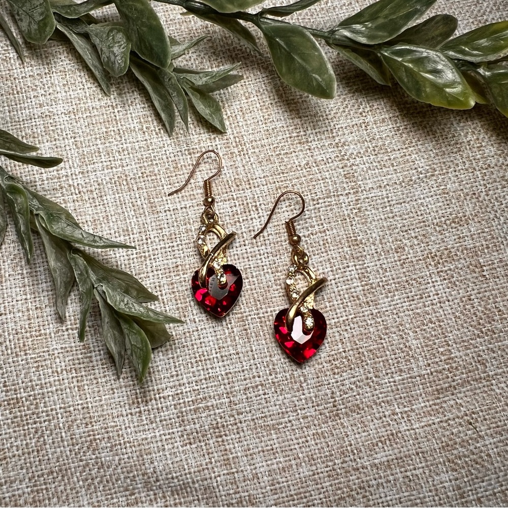 Gold and Red Ruby Diamond Dangle Heart Earrings with Clear Crystals